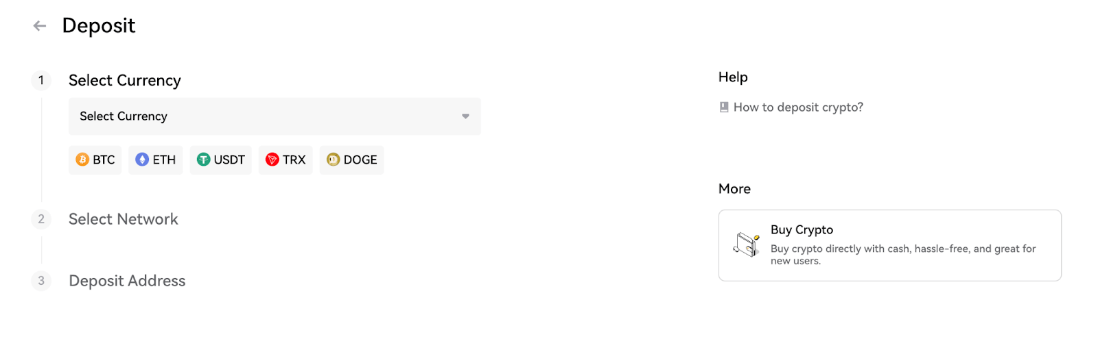 YEX deposit page showing available funding methods and wallet details