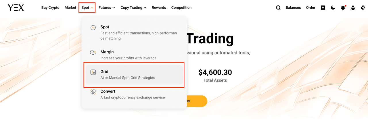 Navigate to YEX Trading Bots section on the platform