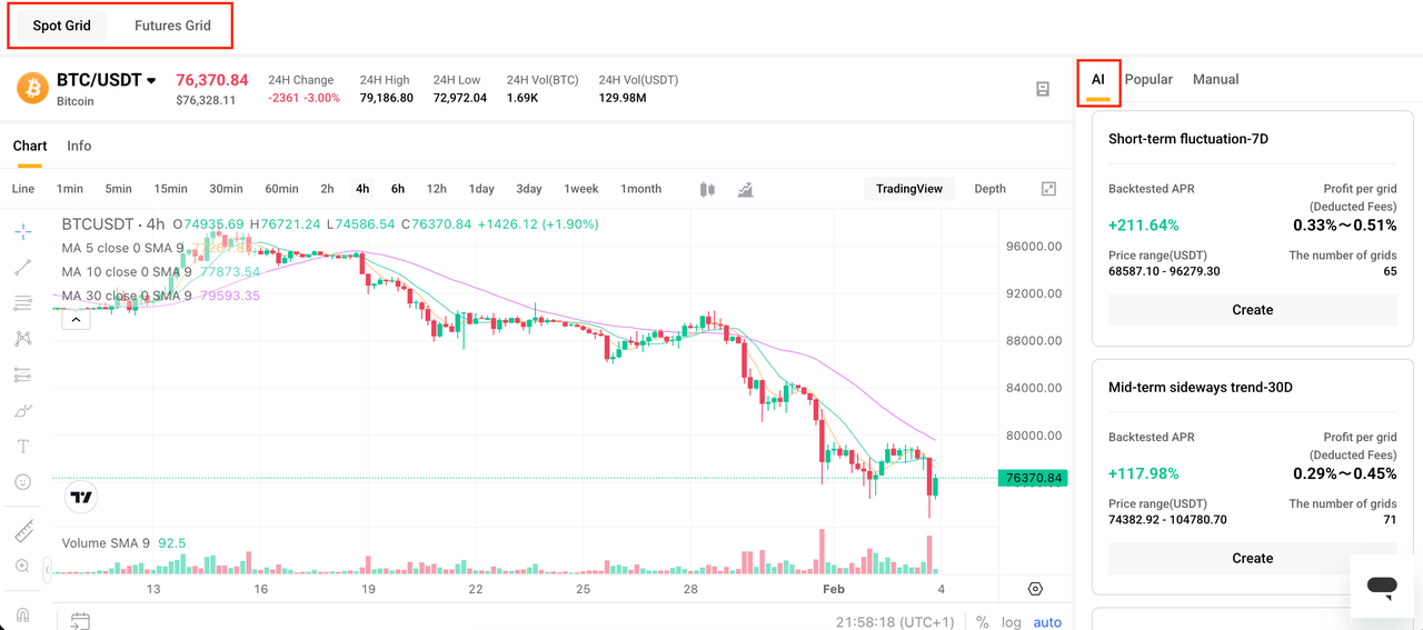 YEX Grid Bot market type selection (Spot or Futures)
